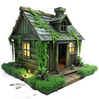 dramatic abstract A dilapidated wooden shack in a swamp, overgrown with moss and vines, eerie green lighting, horror style, genuine png
