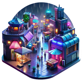 elegant creative A bustling cyberpunk marketplace at night, illuminated by holographic advertisements and neon signs, rain slicked streets reflecting the vibrant colors.... png