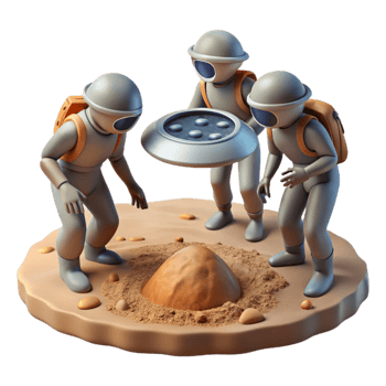 wonderful minimalist A group of explorers discovers an ancient alien artifact buried in the sand of a desolate planet. Harsh, midday lighting. Art style Photorealistic high resolution png