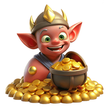 wonderful artistic A mischievous imp hiding amongst a pile of glittering treasure, warm lighting, cartoon style exclusive png
