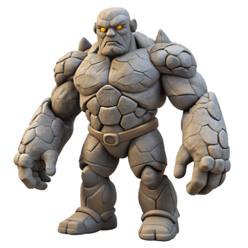 impressive rustic A colossal golem made of stone standing guard over a ruined city, overcast lighting, epic scale exclusive png
