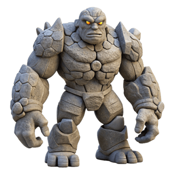 extraordinary traditional A colossal golem made of stone standing guard over a ruined city, overcast lighting, epic scale genuine png