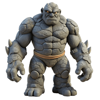 serene abstract A colossal golem made of stone standing guard over a ruined city, overcast lighting, epic scale high quality png