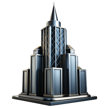 stunning creative Art Deco skyscraper, chrome and black glass, sharp lines, volumetric lighting, low angle, cinematic, detailed png