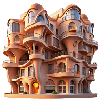 stunning traditional Gaudi-inspired organic apartment complex, swirling balconies, stained glass, warm sunset lighting, highly detailed, high resolution png