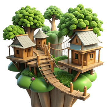 dramatic traditional Treehouse village interconnected by rope bridges, lush foliage, dappled sunlight, fantasy illustration, high resolution png
