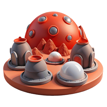 stunning artistic Martian colony, red rock formations, pressurized domes, harsh red sunlight, science fiction, authentic png