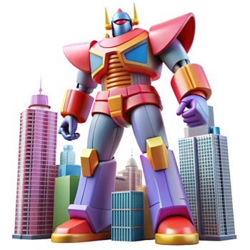 stunning traditional Giant robot transforming into a skyscraper, dynamic pose, vibrant colors, anime style, original png