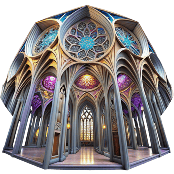 beautiful abstract Inside a fractal cathedral, infinite repeating patterns, stained glass, otherworldly lighting, psychedelic, authentic png