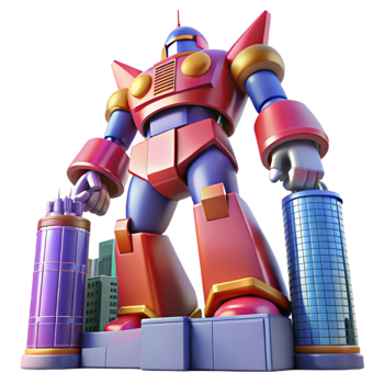 dramatic traditional Giant robot transforming into a skyscraper, dynamic pose, vibrant colors, anime style, exclusive png