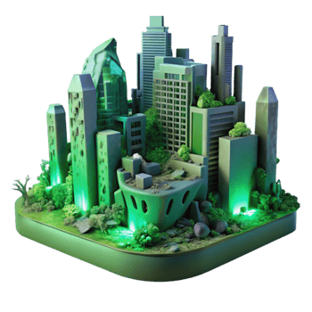 extraordinary abstract A desolate, futuristic cityscape, crumbling buildings overgrown with vibrant, bioluminescent vines, lit by an eerie green glow premium png