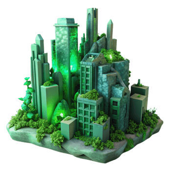 vibrant classic A desolate, futuristic cityscape, crumbling buildings overgrown with vibrant, bioluminescent vines, lit by an eerie green glow authentic png