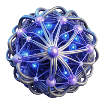 impressive contemporary A complex network of glowing fiber optic cables intricately woven together, forming a pulsating brain-like structure, lit from within professional png
