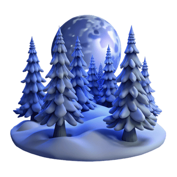 elegant minimalist A snow-covered pine forest at dusk, a full moon illuminating the scene, cool blue tones, serene and peaceful, digital painting professional png