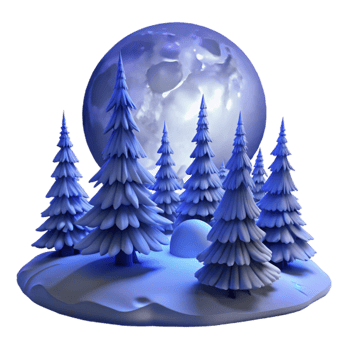 serene modern A snow-covered pine forest at dusk, a full moon illuminating the scene, cool blue tones, serene and peaceful, digital painting high quality png