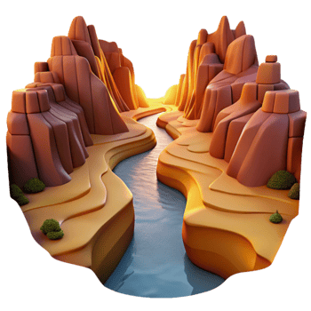 impressive rustic A winding river cutting through a canyon, dramatic rock formations, warm sunset light, Art Deco style, bold colors, aerial view professional png