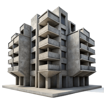 elegant rustic A Brutalist concrete apartment complex, repetitive geometric forms, stark shadows, overcast sky, gritty urban feel, exclusive png