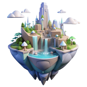 wonderful abstract A floating island city, waterfalls cascading down, lush vegetation, crystalline architecture, soft pastel colors, dreamlike lighting, genuine png