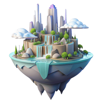dramatic abstract A floating island city, waterfalls cascading down, lush vegetation, crystalline architecture, soft pastel colors, dreamlike lighting, premium png