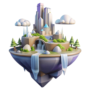 elegant abstract A floating island city, waterfalls cascading down, lush vegetation, crystalline architecture, soft pastel colors, dreamlike lighting, exclusive png