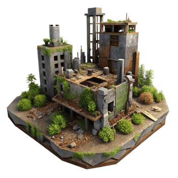 stunning abstract A post-apocalyptic city, ruined buildings, overgrown with vegetation, rusty metal, dim lighting, desolate atmosphere, 4K png