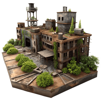 magnificent traditional A post-apocalyptic city, ruined buildings, overgrown with vegetation, rusty metal, dim lighting, desolate atmosphere, professional png