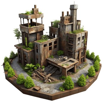 magnificent minimalist A post-apocalyptic city, ruined buildings, overgrown with vegetation, rusty metal, dim lighting, desolate atmosphere, 4K png