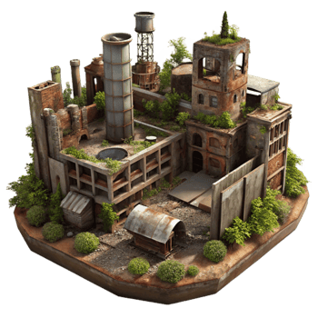 impressive vintage A post-apocalyptic city, ruined buildings, overgrown with vegetation, rusty metal, dim lighting, desolate atmosphere, high quality png
