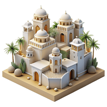 extraordinary classic A desert oasis city, whitewashed buildings, intricate carvings, palm trees, bright sunlight, Middle Eastern inspired, authentic png