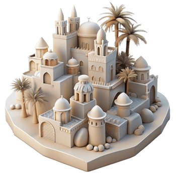 wonderful rustic A desert oasis city, whitewashed buildings, intricate carvings, palm trees, bright sunlight, Middle Eastern inspired, authentic png