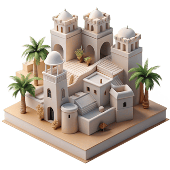 elegant traditional A desert oasis city, whitewashed buildings, intricate carvings, palm trees, bright sunlight, Middle Eastern inspired, genuine png