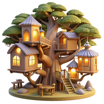 dramatic vintage A treehouse village, interconnected wooden structures, nestled in a giant tree, warm evening light, whimsical atmosphere, premium png