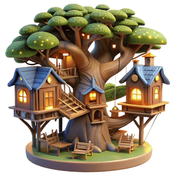 beautiful traditional A treehouse village, interconnected wooden structures, nestled in a giant tree, warm evening light, whimsical atmosphere, genuine png