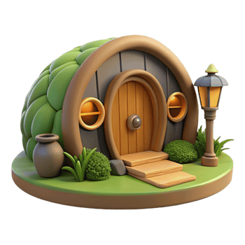 stunning vintage A hobbit hole, nestled into a hillside, round wooden door, cozy interior lighting, whimsical fantasy style, premium png