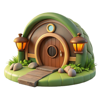 wonderful minimalist A hobbit hole, nestled into a hillside, round wooden door, cozy interior lighting, whimsical fantasy style, detailed png