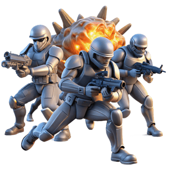 elegant vintage A group of futuristic soldiers, equipped with energy weapons, charge towards a colossal, alien creature amidst a ruined cityscape. Dynamic poses and explosions.... png