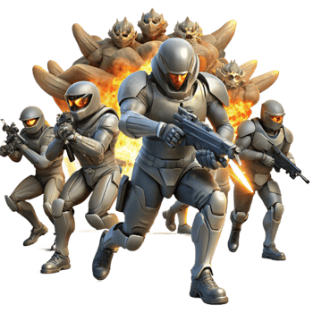 magnificent traditional A group of futuristic soldiers, equipped with energy weapons, charge towards a colossal, alien creature amidst a ruined cityscape. Dynamic poses and explosions.... png