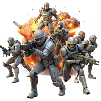 wonderful vintage A group of futuristic soldiers, equipped with energy weapons, charge towards a colossal, alien creature amidst a ruined cityscape. Dynamic poses and explosions.... png