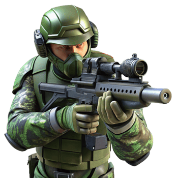 vibrant rustic A futuristic soldier, wearing a camouflage suit that blends with the surrounding environment, aims a high-tech rifle. Realistic camouflage patterns. Dim, tactical lighting.... png
