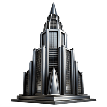 magnificent rustic Art Deco skyscraper, chrome and black glass, sharp lines, volumetric lighting, high contrast, cinematic angle, original png