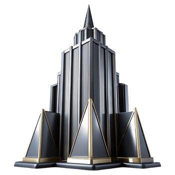 wonderful minimalist Art Deco skyscraper, chrome and black glass, sharp lines, volumetric lighting, high contrast, cinematic angle, professional png