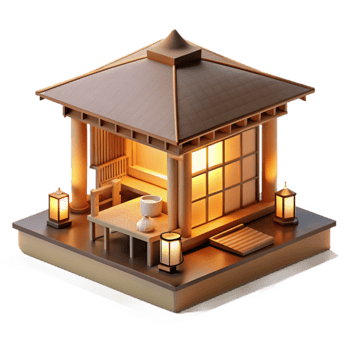 extraordinary rustic A Japanese tea house made of bamboo and paper, soft warm light from within, peaceful, minimalist, professional png