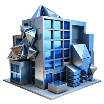 impressive contemporary Deconstructivist office building, fragmented geometric shapes, metallic textures, cold blue lighting, abstract, high resolution png