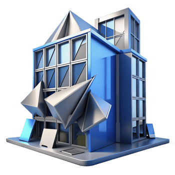 magnificent contemporary Deconstructivist office building, fragmented geometric shapes, metallic textures, cold blue lighting, abstract, 4K png
