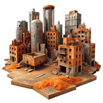 impressive modern A post-apocalyptic cityscape, crumbling buildings and rusted metal, orange and brown color palette, desolate, matte painting style, genuine png