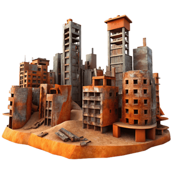 beautiful contemporary A post-apocalyptic cityscape, crumbling buildings and rusted metal, orange and brown color palette, desolate, matte painting style, detailed png