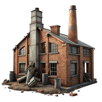 serene vintage An abandoned industrial factory, decaying brick and metal, dim light filtering through broken windows, gritty realism, original png
