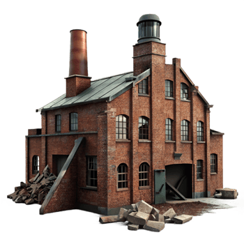 impressive vintage An abandoned industrial factory, decaying brick and metal, dim light filtering through broken windows, gritty realism, exclusive png