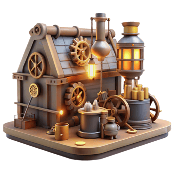 extraordinary abstract A cluttered steampunk workshop, overflowing with gears, tools, and half-finished contraptions, lit by flickering gaslight, realistic style high resolution png