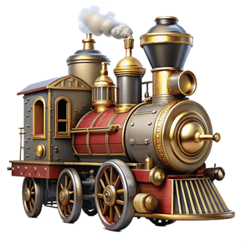 elegant abstract A powerful steampunk locomotive, billowing steam, intricate brass details, dynamic lighting, dieselpunk style exclusive png